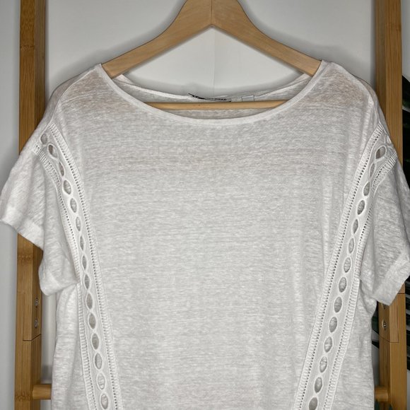 Country Road White Linen T-Shirt Top Size XS Short Sleeve Lace Insert Womens - Picture 4 of 9
